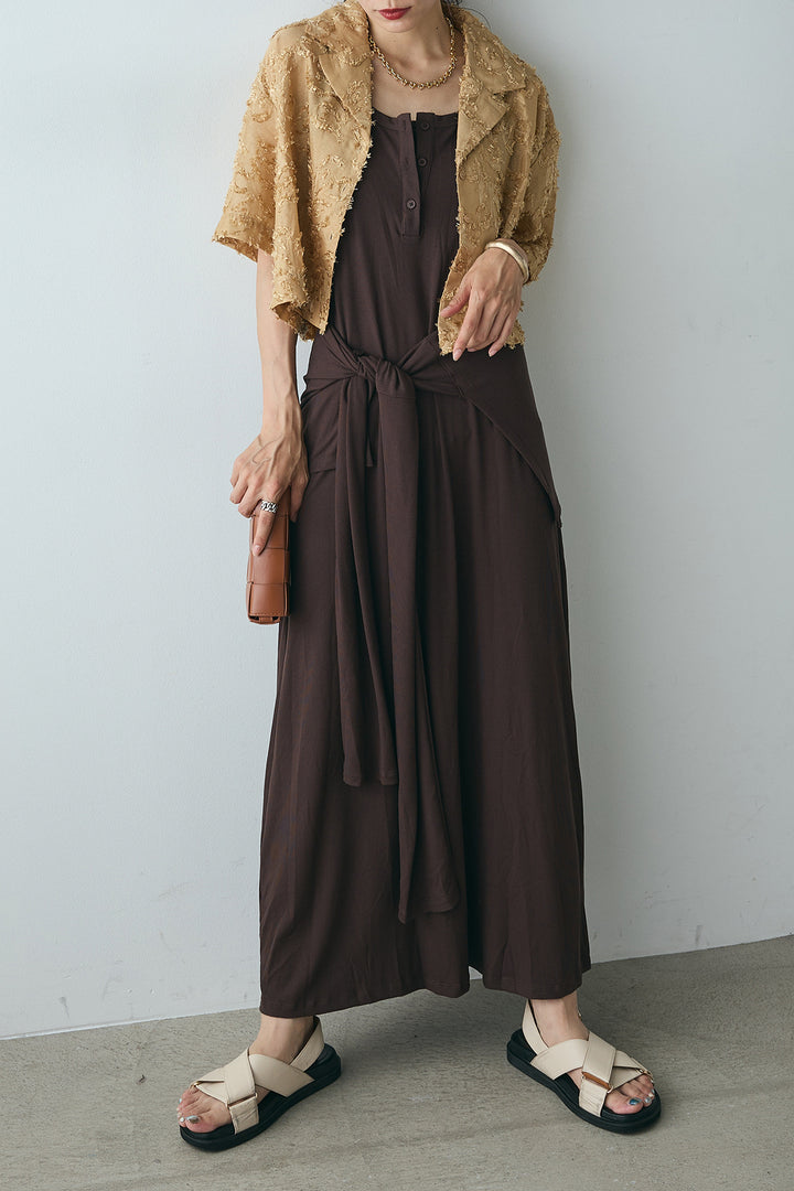 [SET]半袖オープンカラージャガード柄シャツ+ウエスト巻きリブロングワンピース(2set)