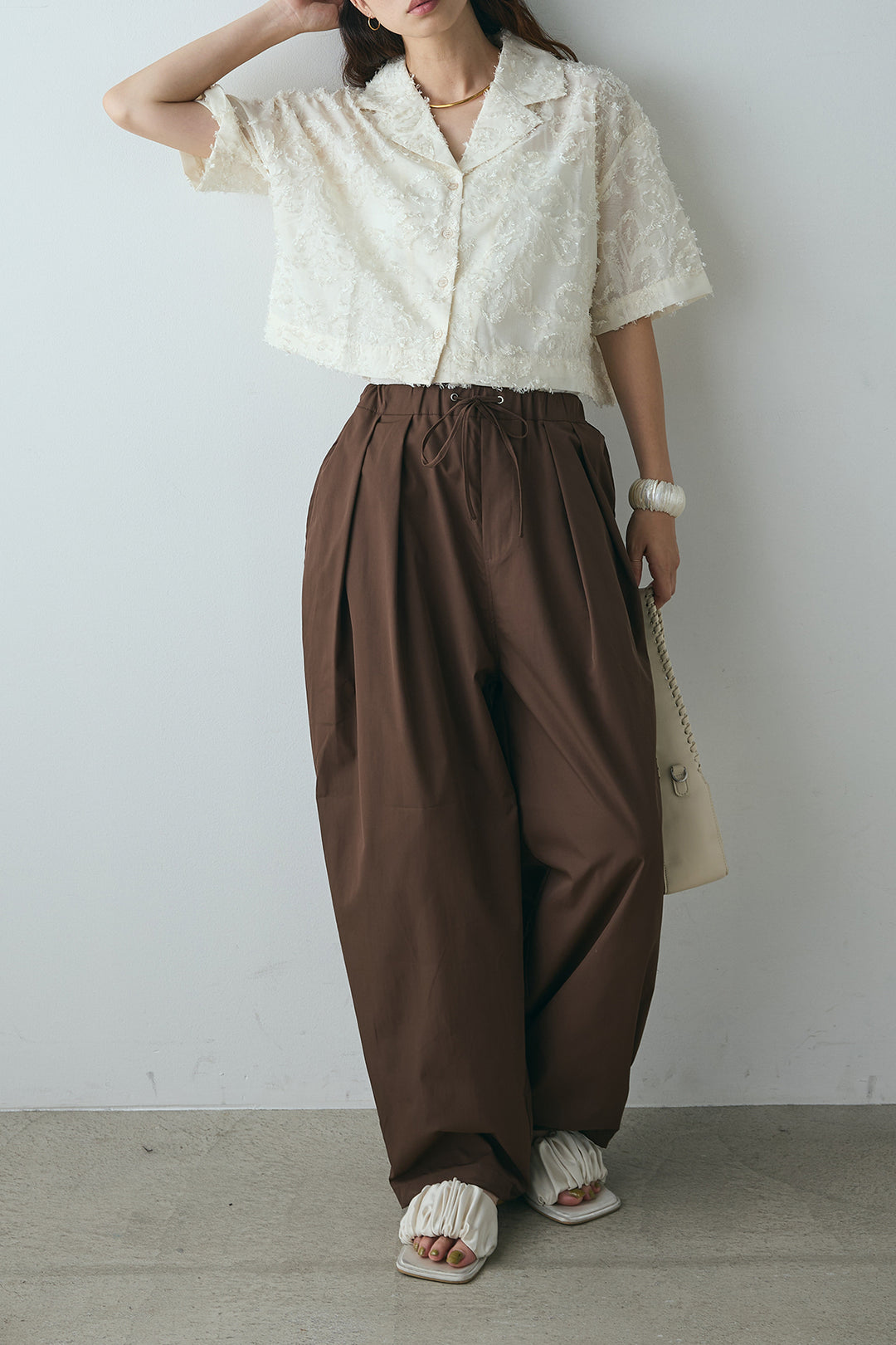 [SET]半袖オープンカラージャガード柄シャツ+タックワイドリラックスパンツ(2set)