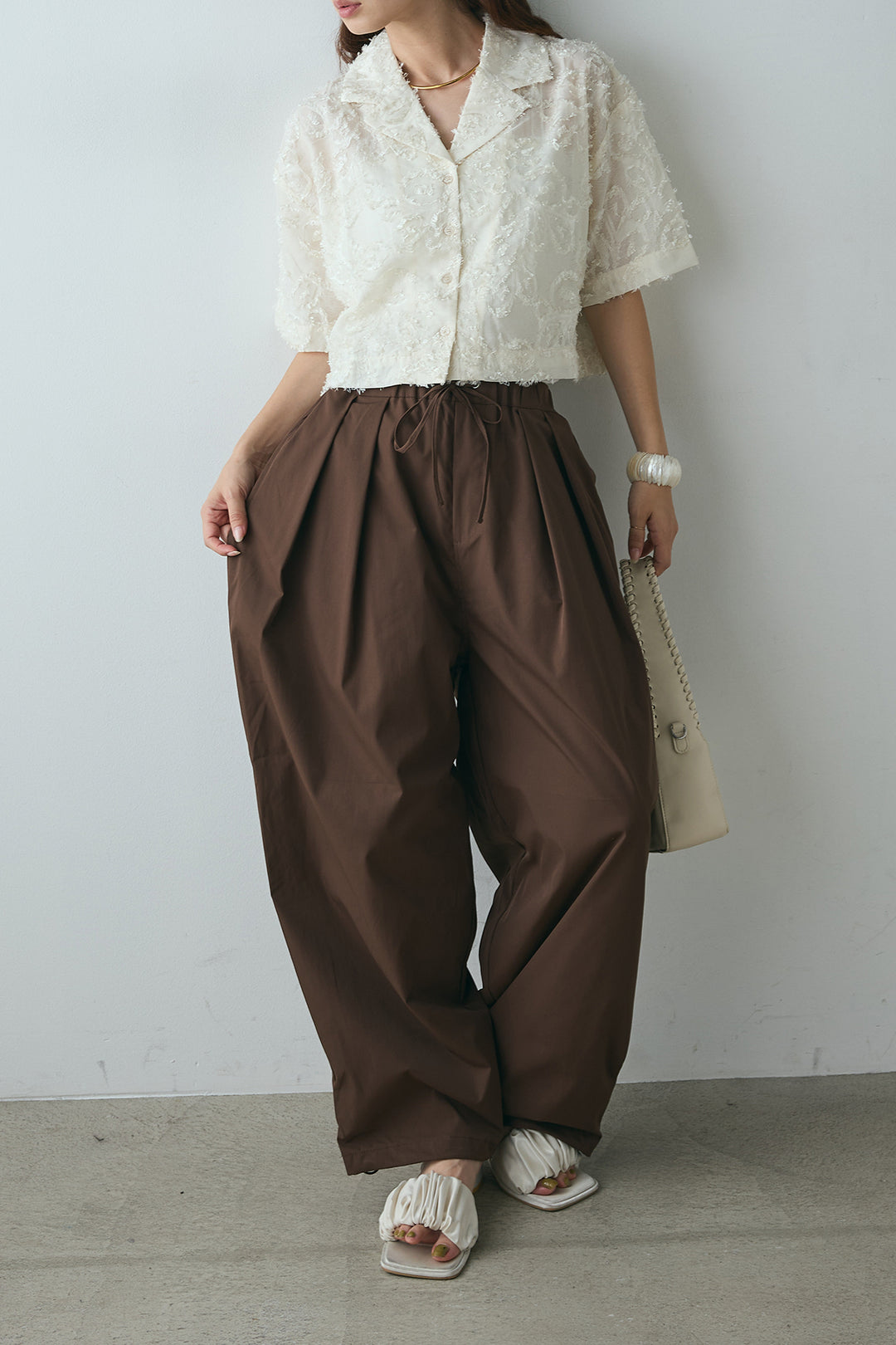 [SET]半袖オープンカラージャガード柄シャツ+タックワイドリラックスパンツ(2set)