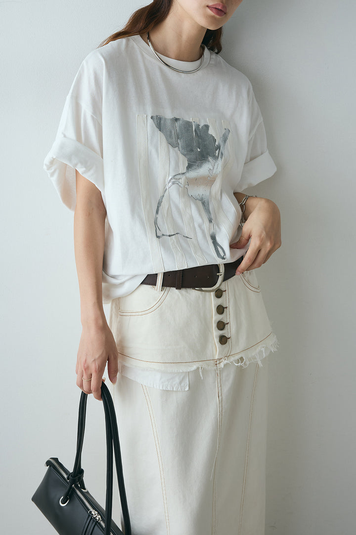 [SET]ニュアンス箔プリントTシャツ+レイヤードデザインワイドスカート(2set)