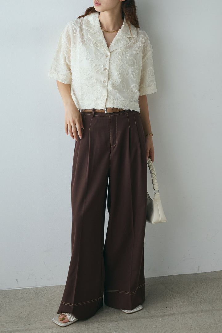 [SET]半袖オープンカラージャガード柄シャツ+ステッチデザインベルトワイドパンツ(2set)