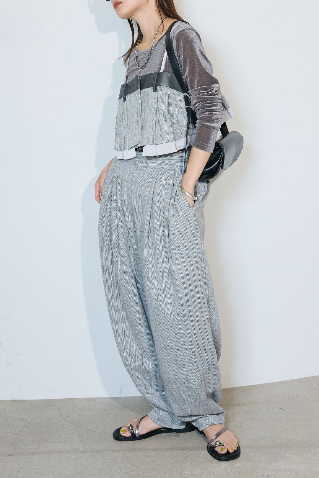 【155cmモデル着用】[SET]バリアスパターンビスチェ+ヘリンボーンタックパンツ(2set)