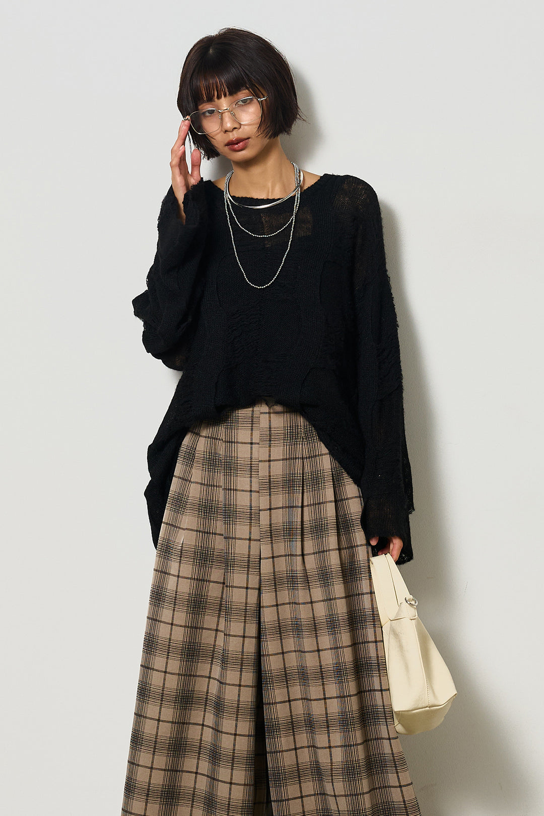 [SET]パターンモヘアローゲージニットプルオーバー+タータンワイドチェックパンツ(2set)