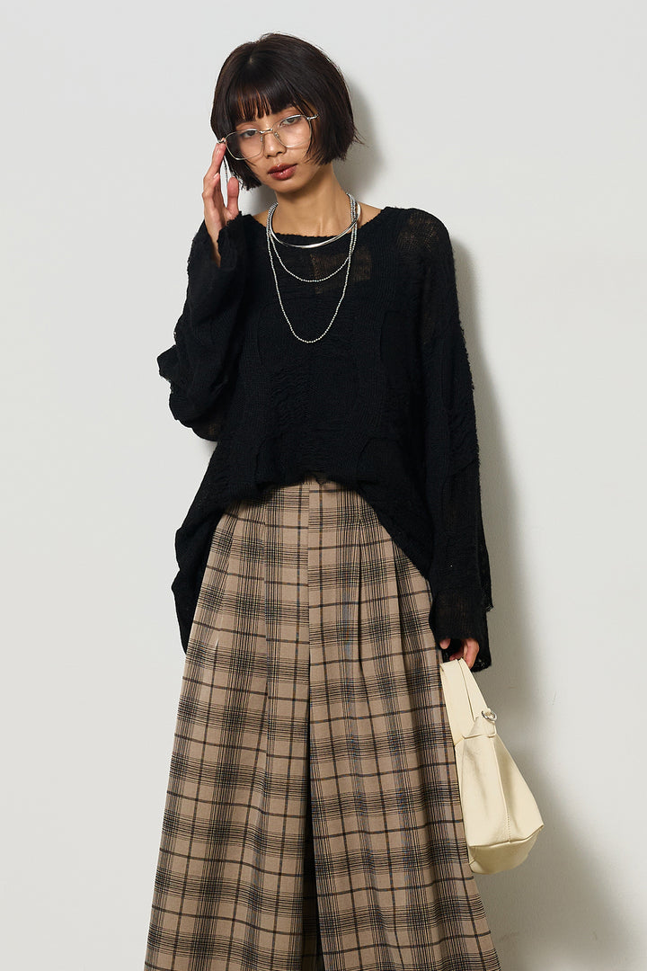 [SET]パターンモヘアローゲージニットプルオーバー+タータンワイドチェックパンツ(2set)
