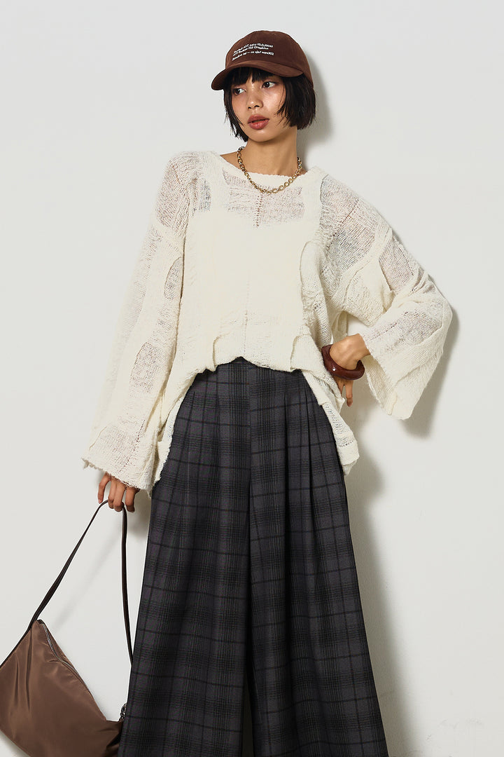 [SET]パターンモヘアローゲージニットプルオーバー+タータンワイドチェックパンツ(2set)