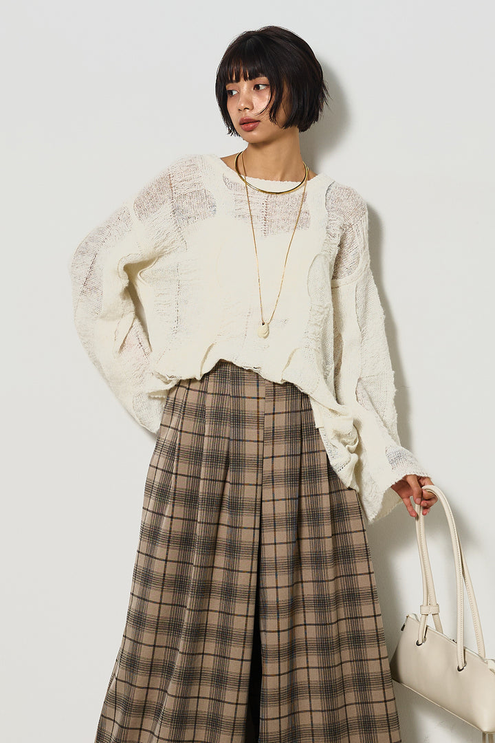 [SET]パターンモヘアローゲージニットプルオーバー+タータンワイドチェックパンツ(2set)