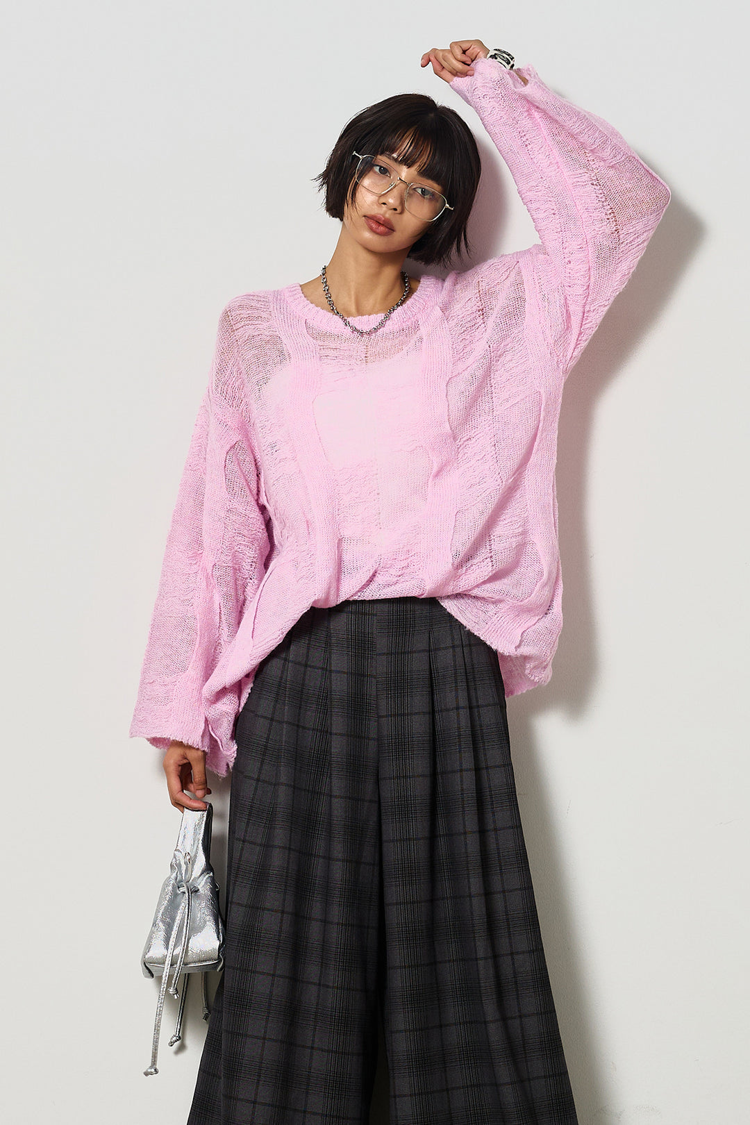 [SET]パターンモヘアローゲージニットプルオーバー+タータンワイドチェックパンツ(2set)