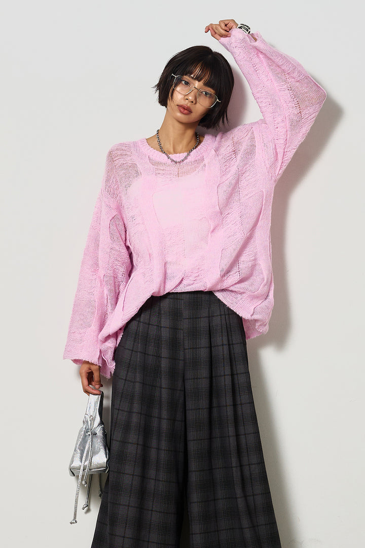 [SET]パターンモヘアローゲージニットプルオーバー+タータンワイドチェックパンツ(2set)
