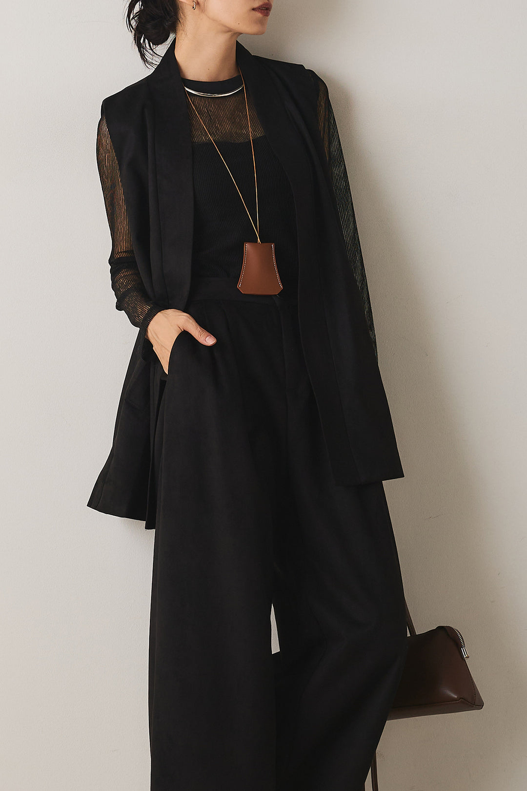 [SET]フェイクスエードジレSETUP+コードメッシュロングスリーブTシャツ(2set)