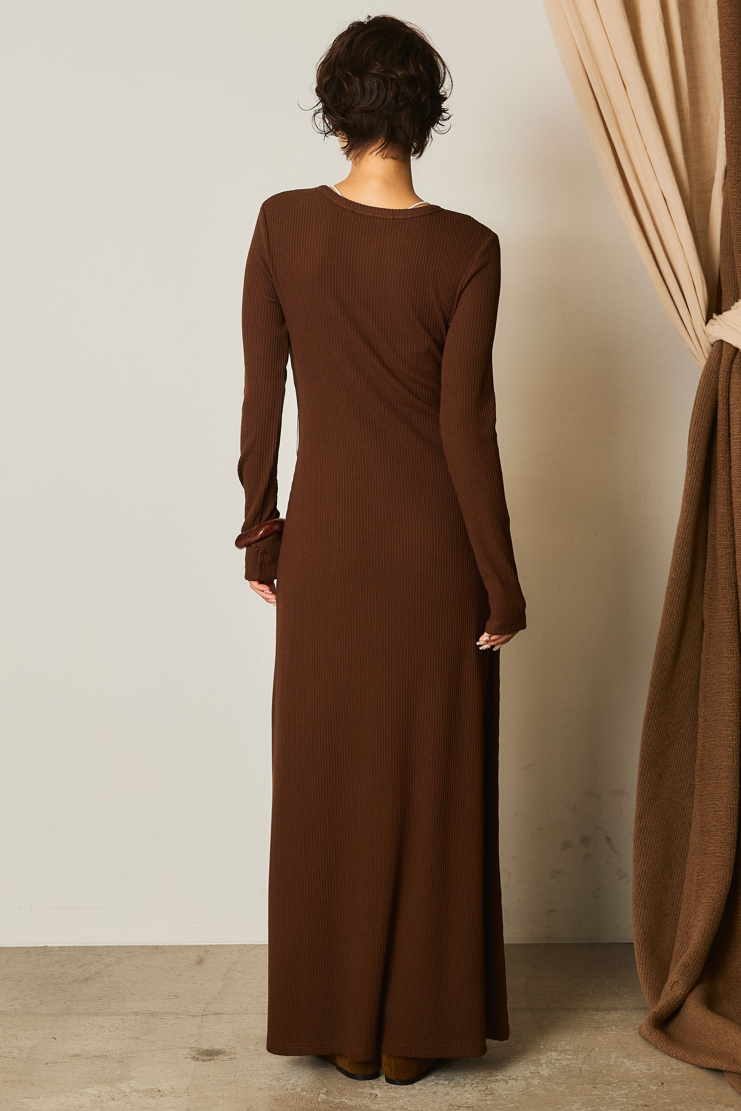 即納】ロープ紐付きリブニットワンピース – ESICA