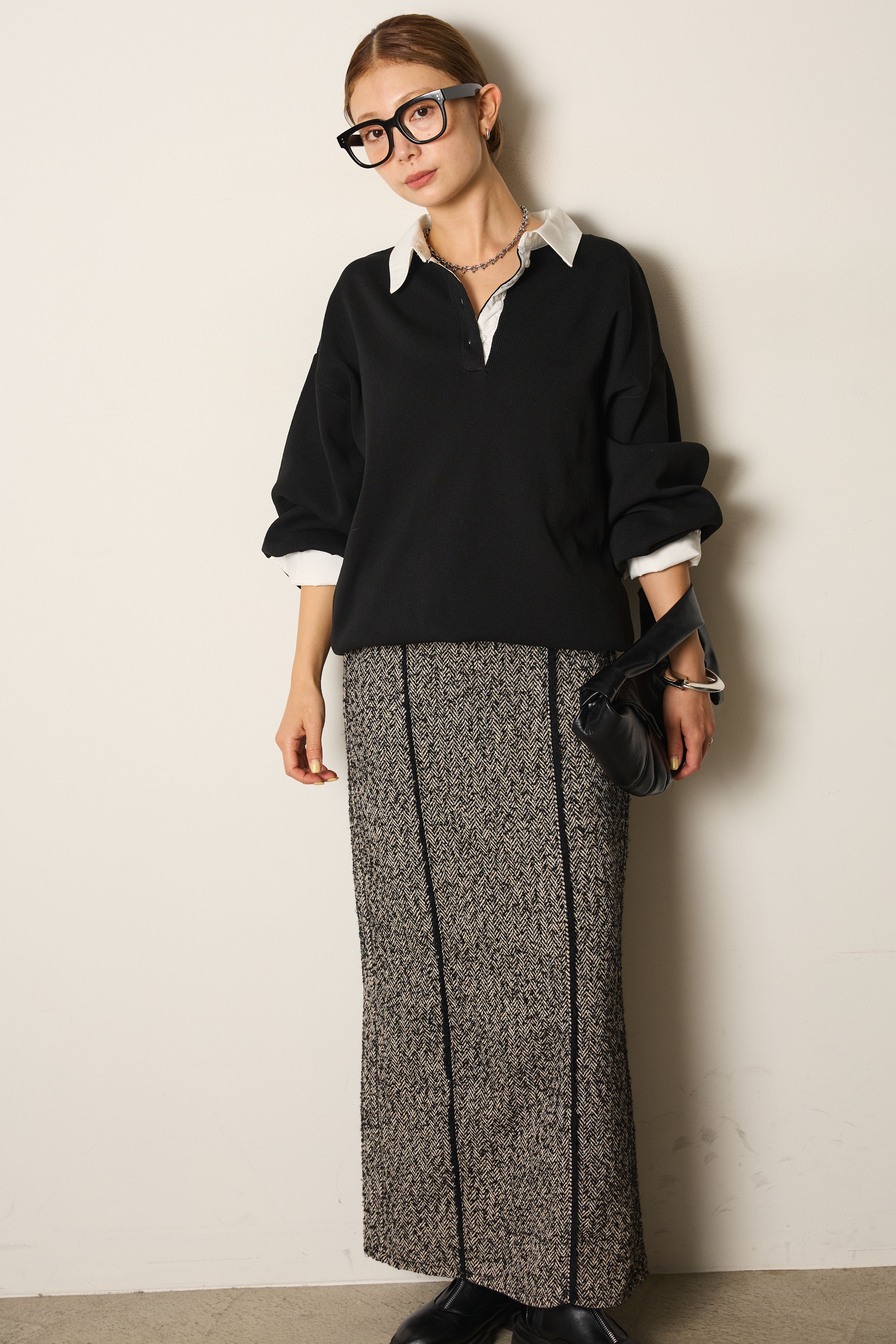 SET]襟付きポロトップス+ラインツイードワイドスカート(2set