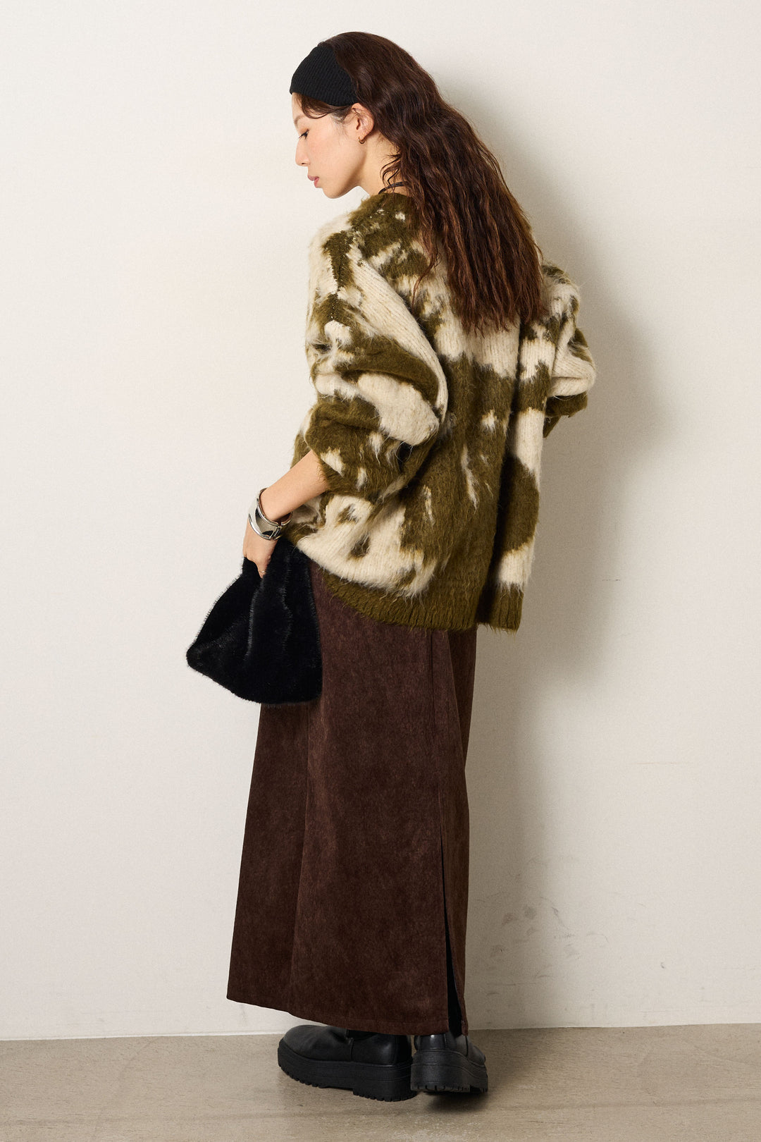 [SET]モヘアタッチマーブルニット+ロープベルト付きスウェード調スカート(2set)