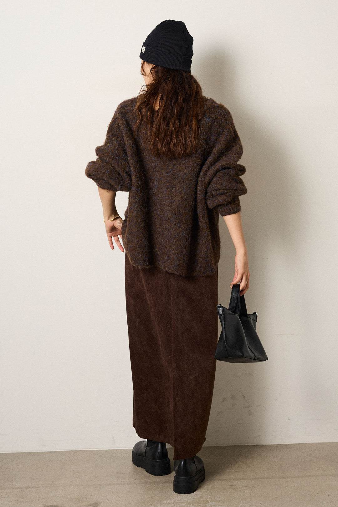 [SET]ウール混透かしロゴニットカーディガン+ロープベルト付きスウェード調スカート(2set)