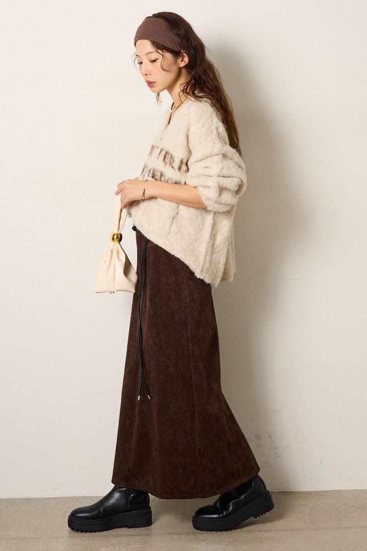 [SET]ウール混透かしロゴニットカーディガン+ロープベルト付きスウェード調スカート(2set)