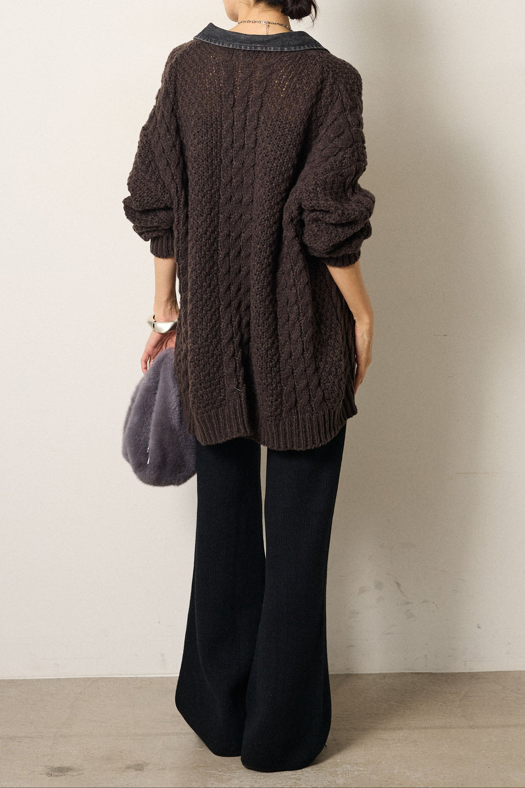 [SET]デニムカラーケーブルオーバーニット+ワイドリブニットイージーパンツ(2set)