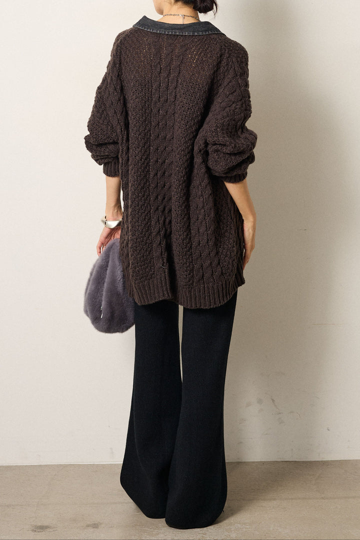 [SET]デニムカラーケーブルオーバーニット+ワイドリブニットイージーパンツ(2set)