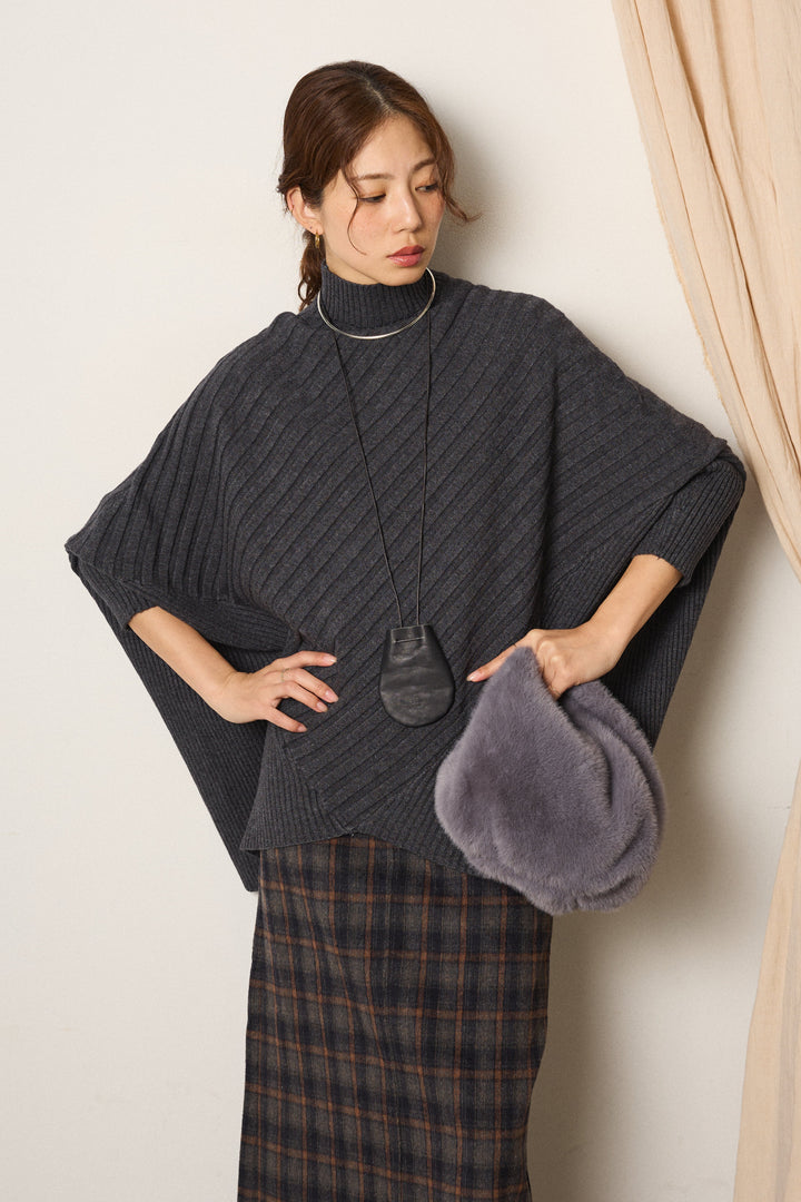 アシメデザインリブポンチョニットトップス