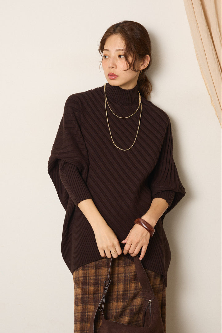 アシメデザインリブポンチョニットトップス