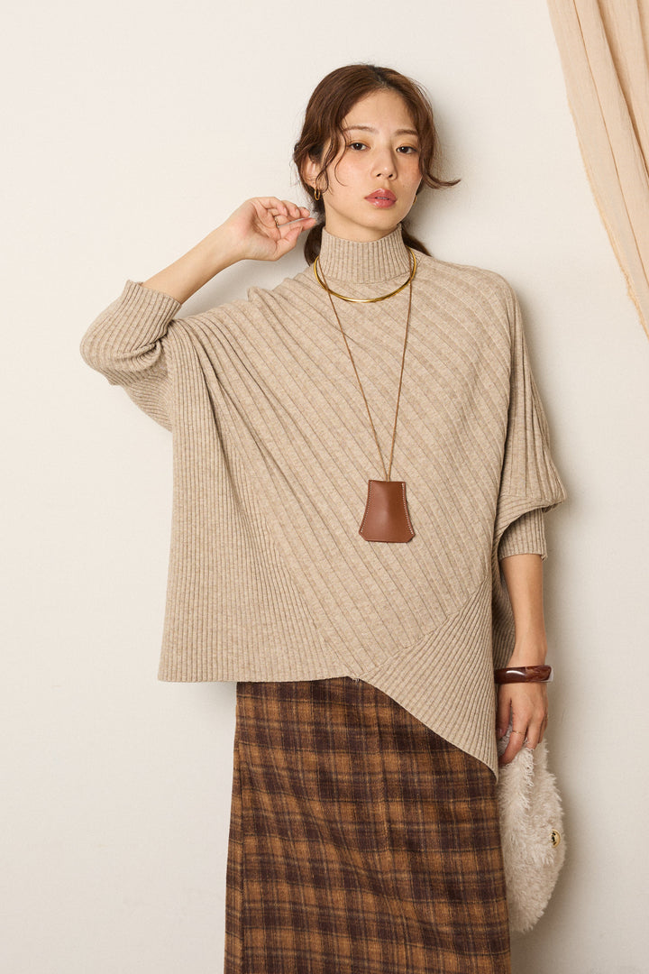 アシメデザインリブポンチョニットトップス