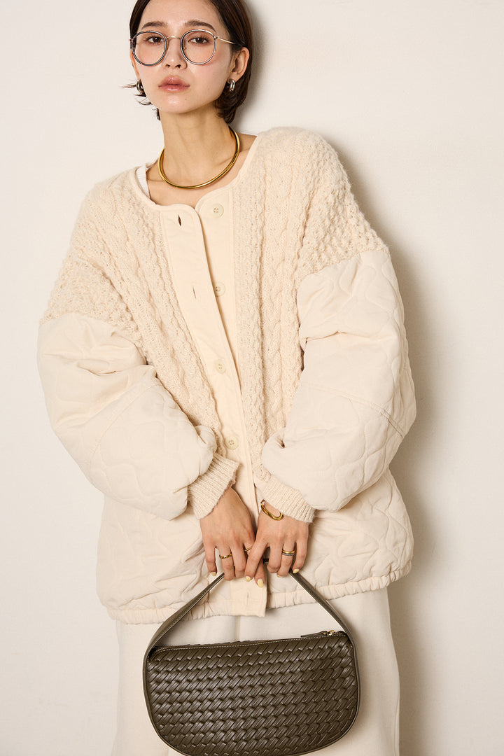 アラン編みニットノーカラー裾キルティングブルゾン