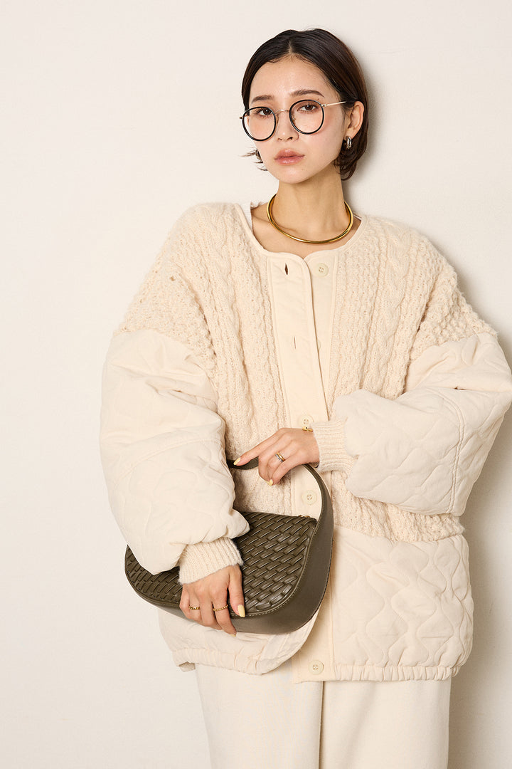アラン編みニットノーカラー裾キルティングブルゾン