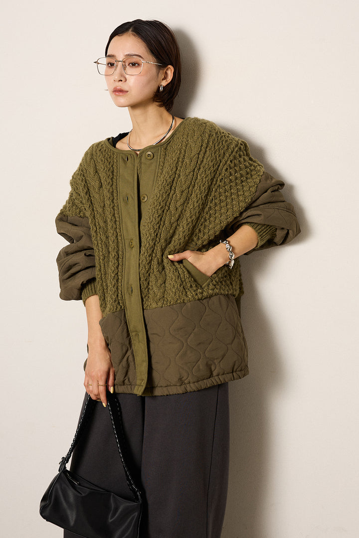 アラン編みニットノーカラー裾キルティングブルゾン