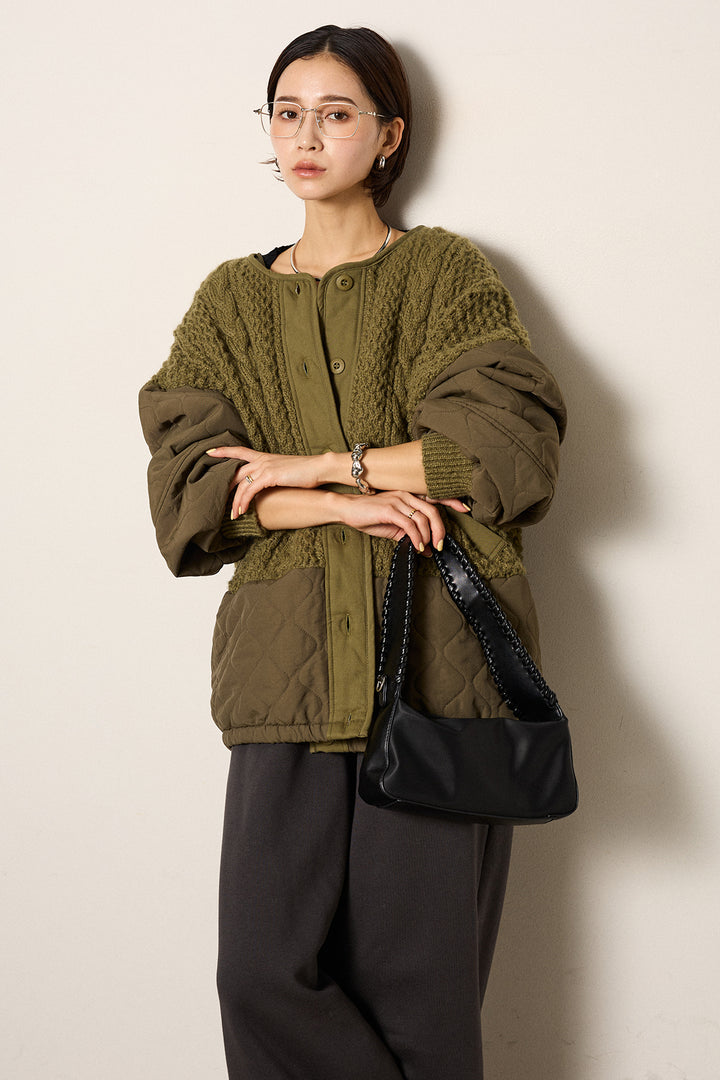 アラン編みニットノーカラー裾キルティングブルゾン