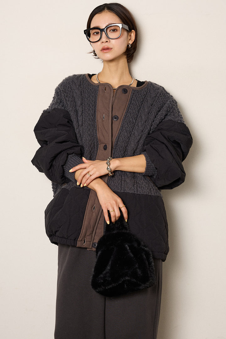 アラン編みニットノーカラー裾キルティングブルゾン