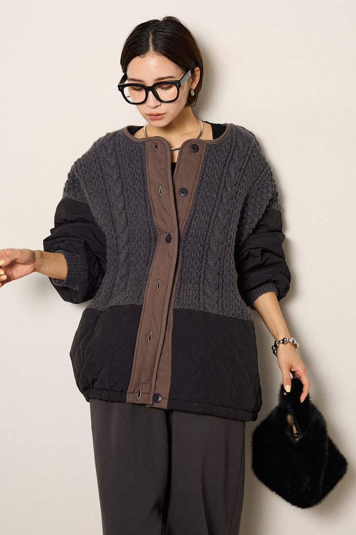 アラン編みニットノーカラー裾キルティングブルゾン