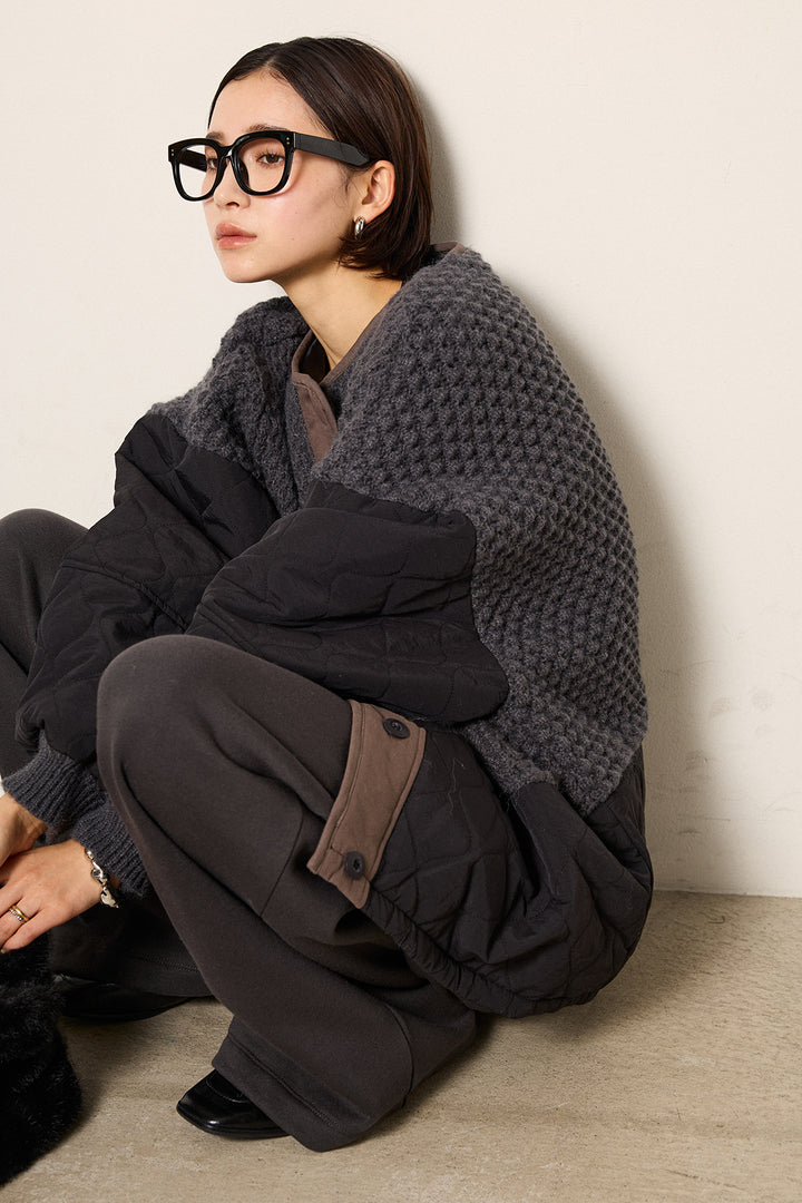 アラン編みニットノーカラー裾キルティングブルゾン