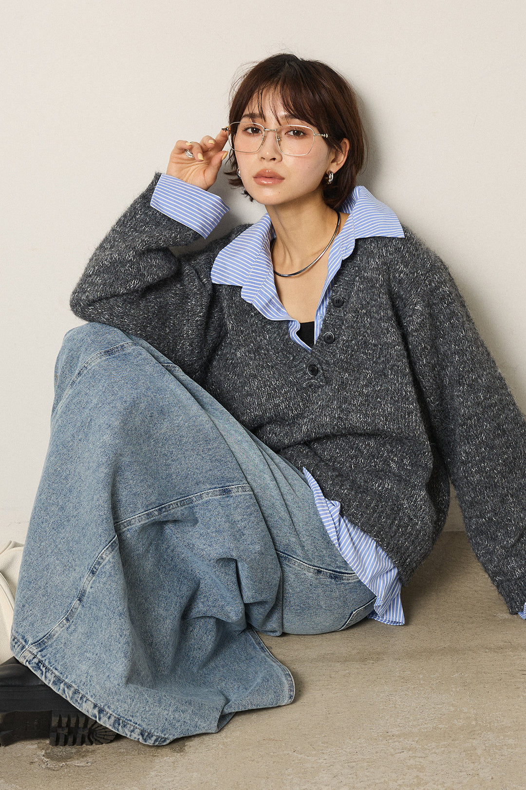 [SET]ストライプシャツドッキングニットポロトップス+デニムロングフレアスカート(2set)