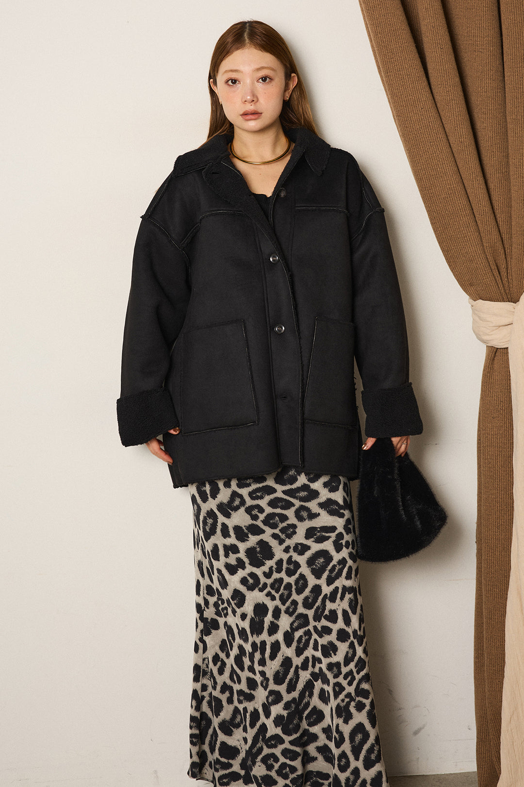 エコムートンミドルカバーオールジャケット/ブラック