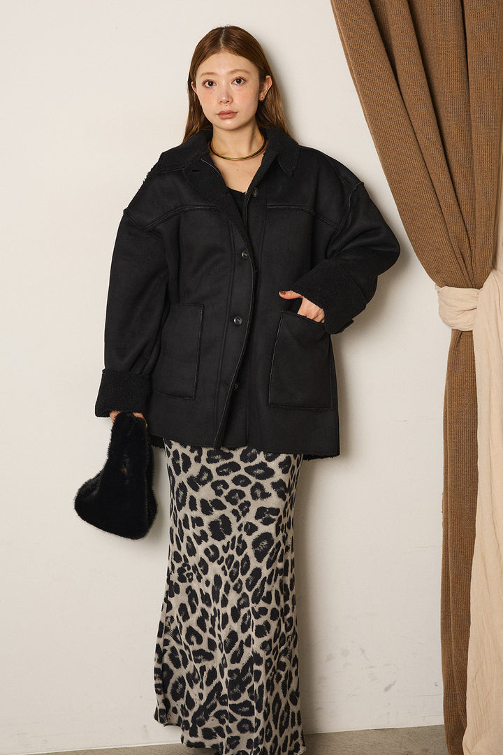 エコムートンミドルカバーオールジャケット/ブラック