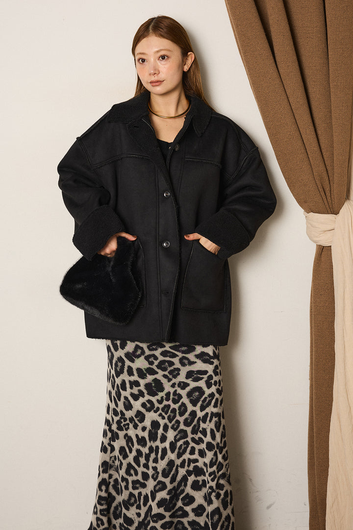 エコムートンミドルカバーオールジャケット/ブラック