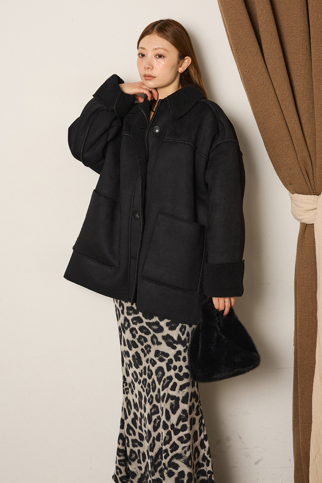 エコムートンミドルカバーオールジャケット/ブラック