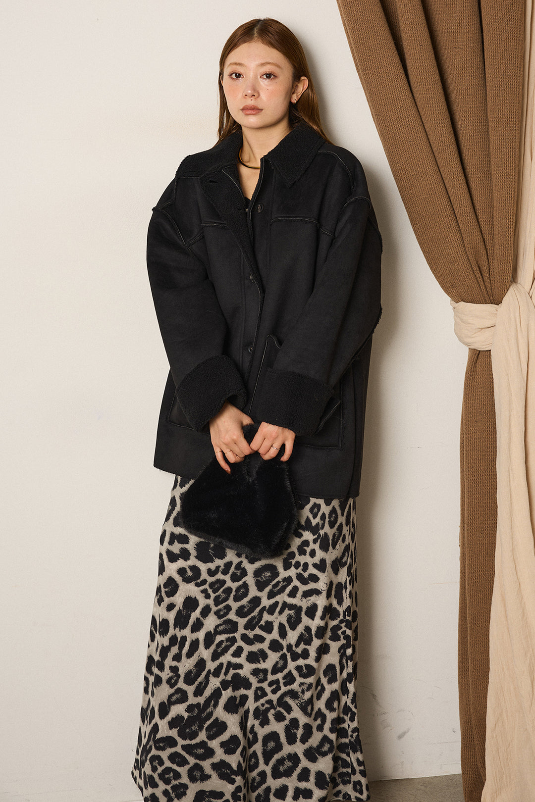 エコムートンミドルカバーオールジャケット/ブラック