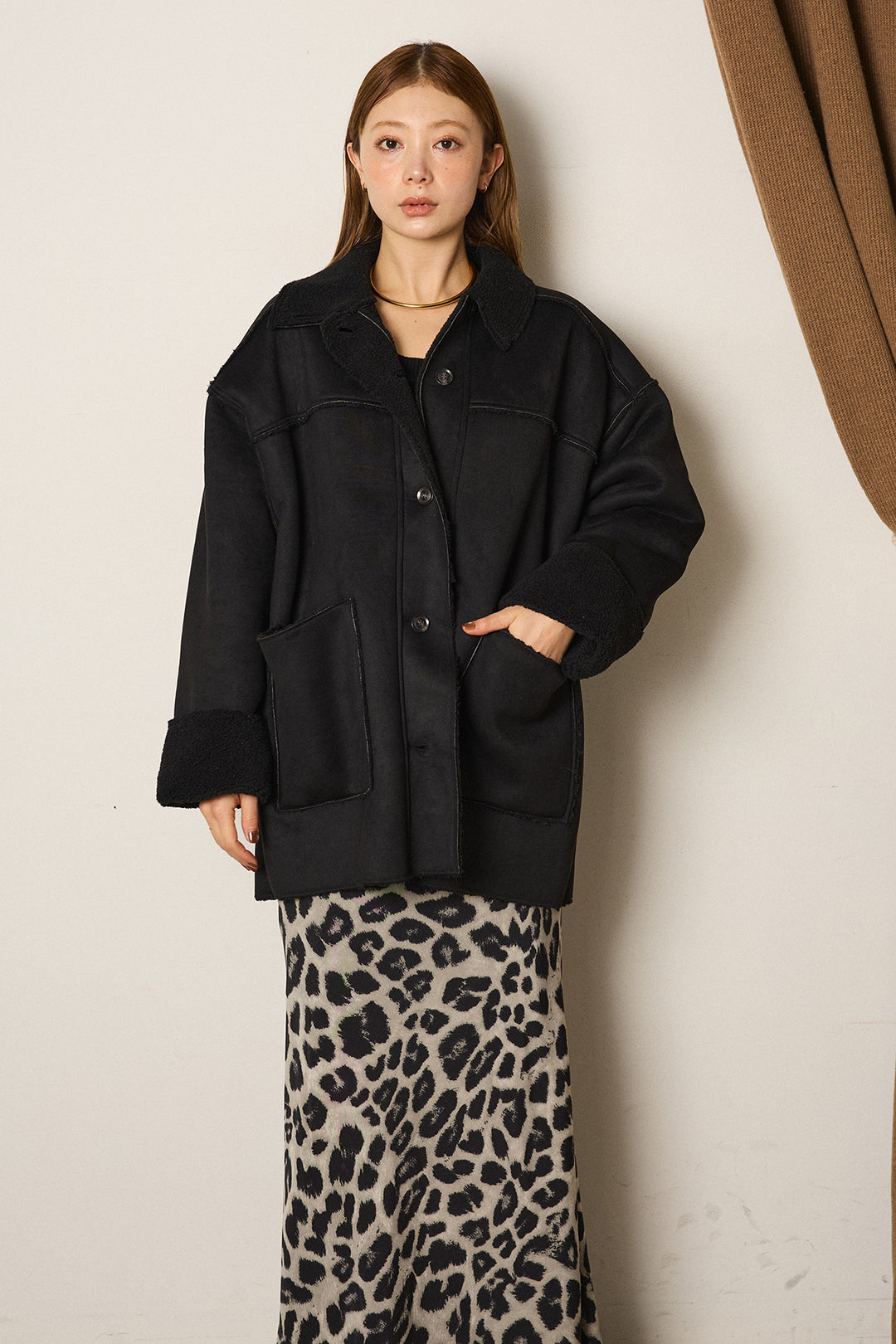 エコムートンミドルカバーオールジャケット/ブラック