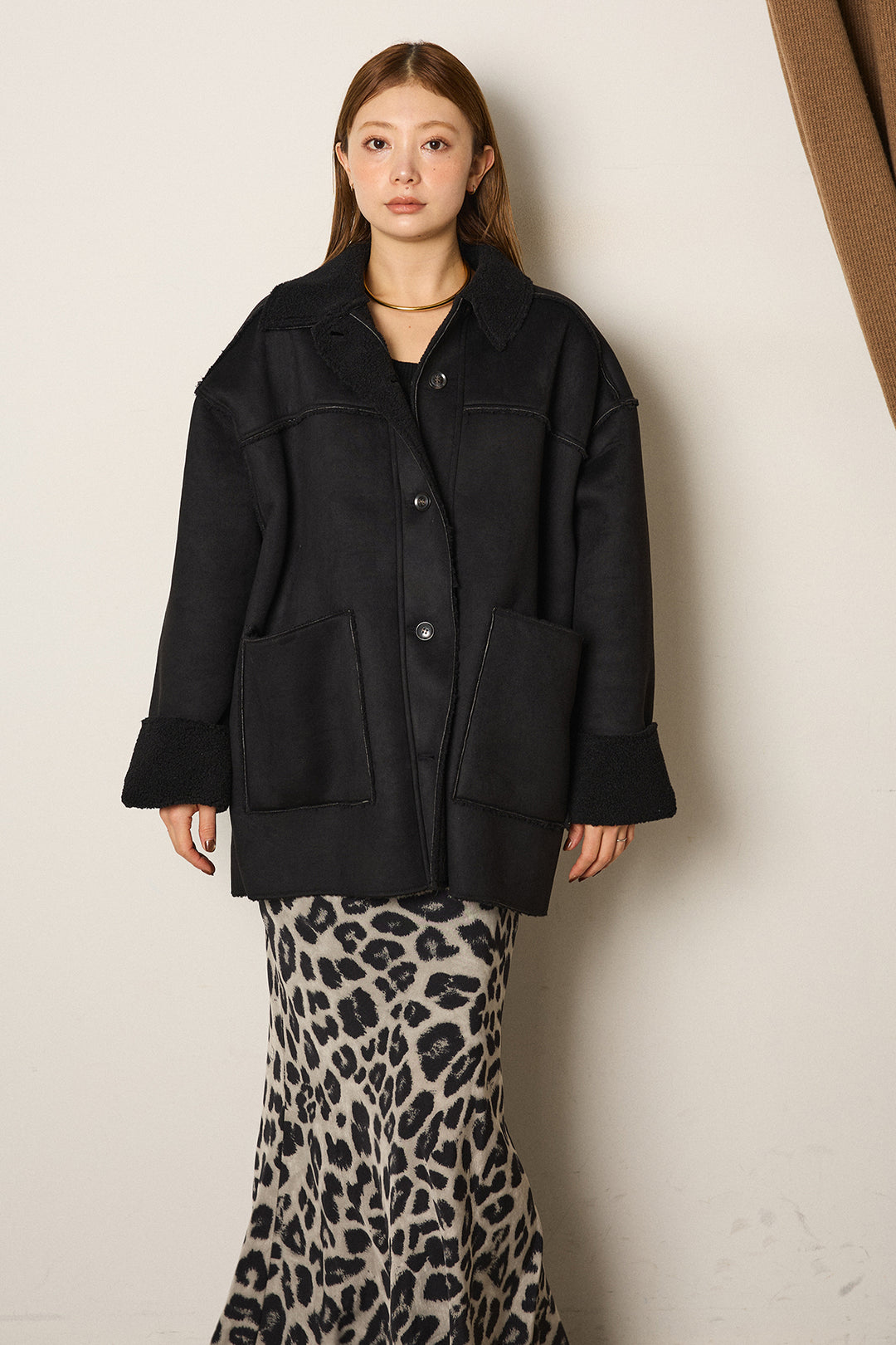 エコムートンミドルカバーオールジャケット/ブラック