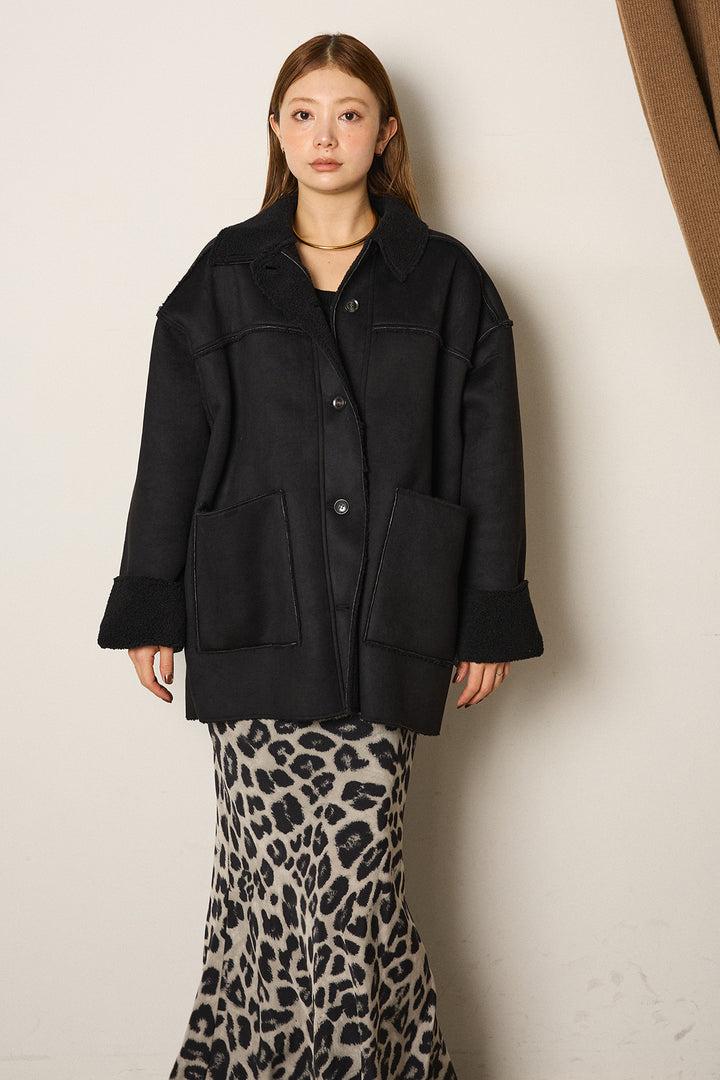 エコムートンミドルカバーオールジャケット/ブラック