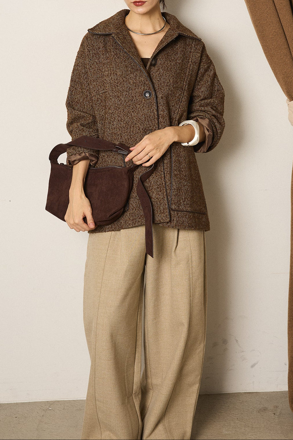 ネップヘリンボーン合皮パイピングカバーオール/ブラウン