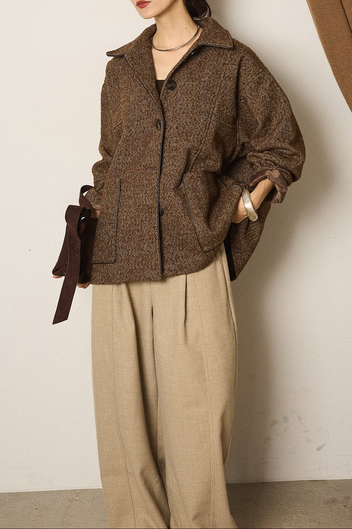 ネップヘリンボーン合皮パイピングカバーオール/ブラウン