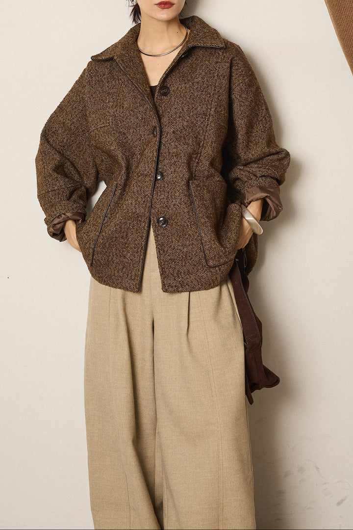 ネップヘリンボーン合皮パイピングカバーオール/ブラウン