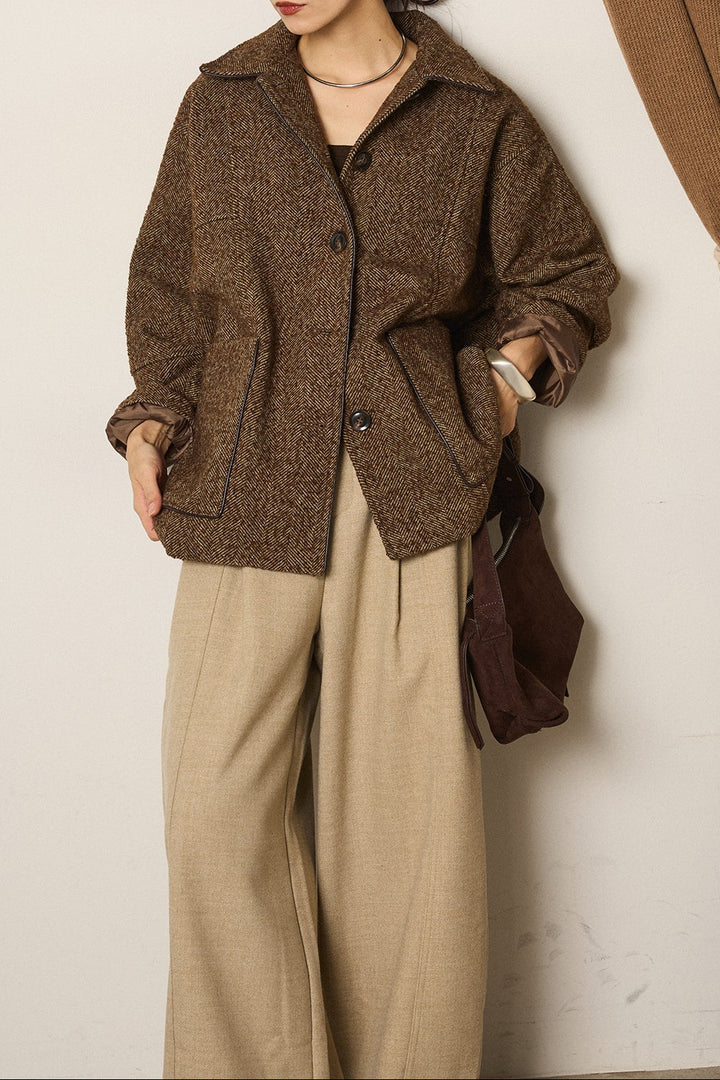 ネップヘリンボーン合皮パイピングカバーオール/ブラウン