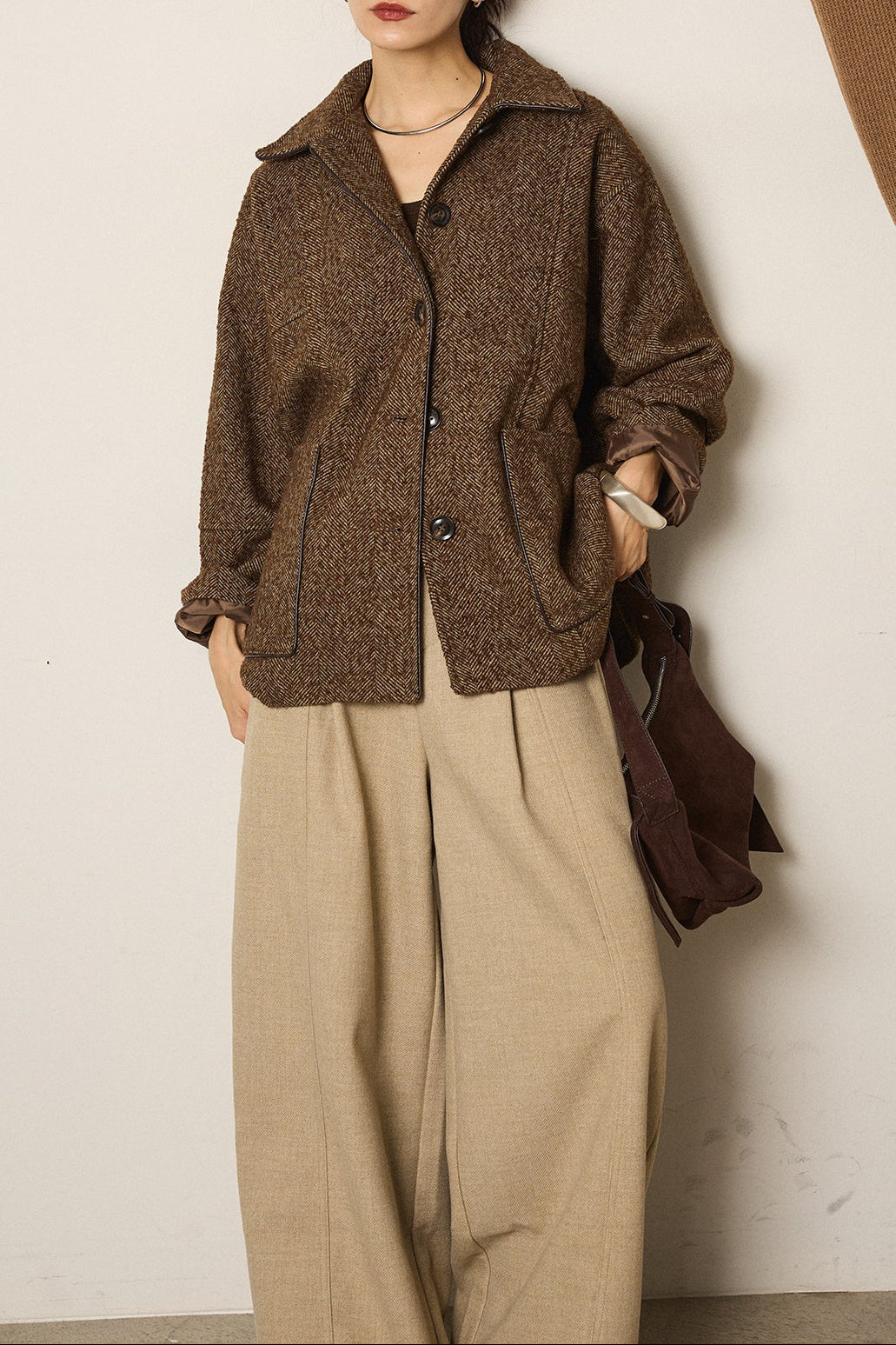 ネップヘリンボーン合皮パイピングカバーオール/ブラウン