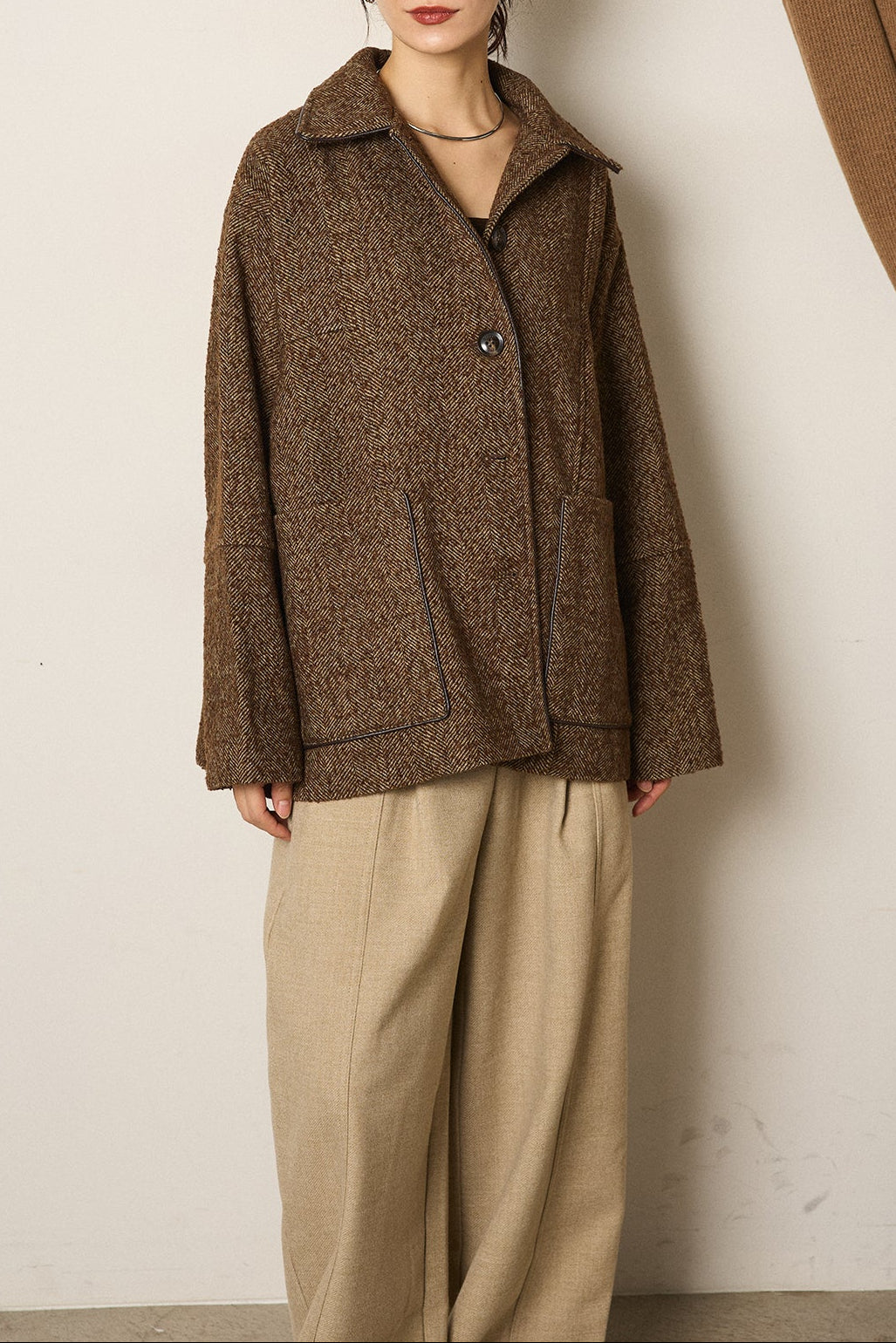 ネップヘリンボーン合皮パイピングカバーオール/ブラウン