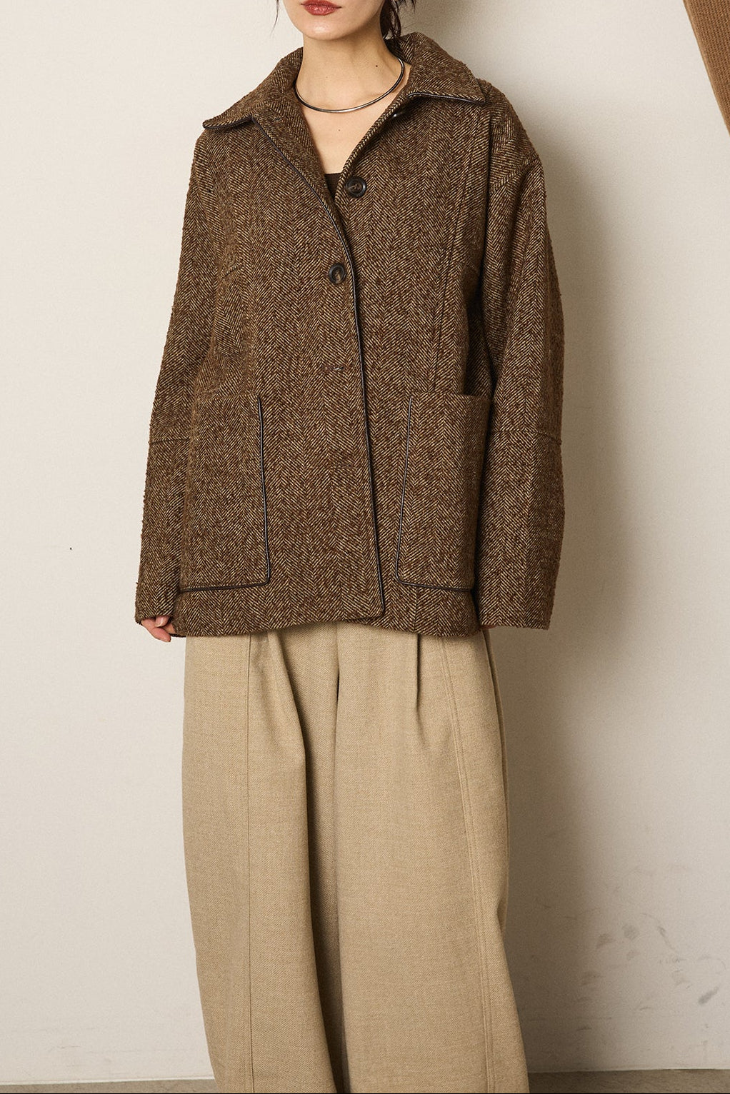 ネップヘリンボーン合皮パイピングカバーオール/ブラウン