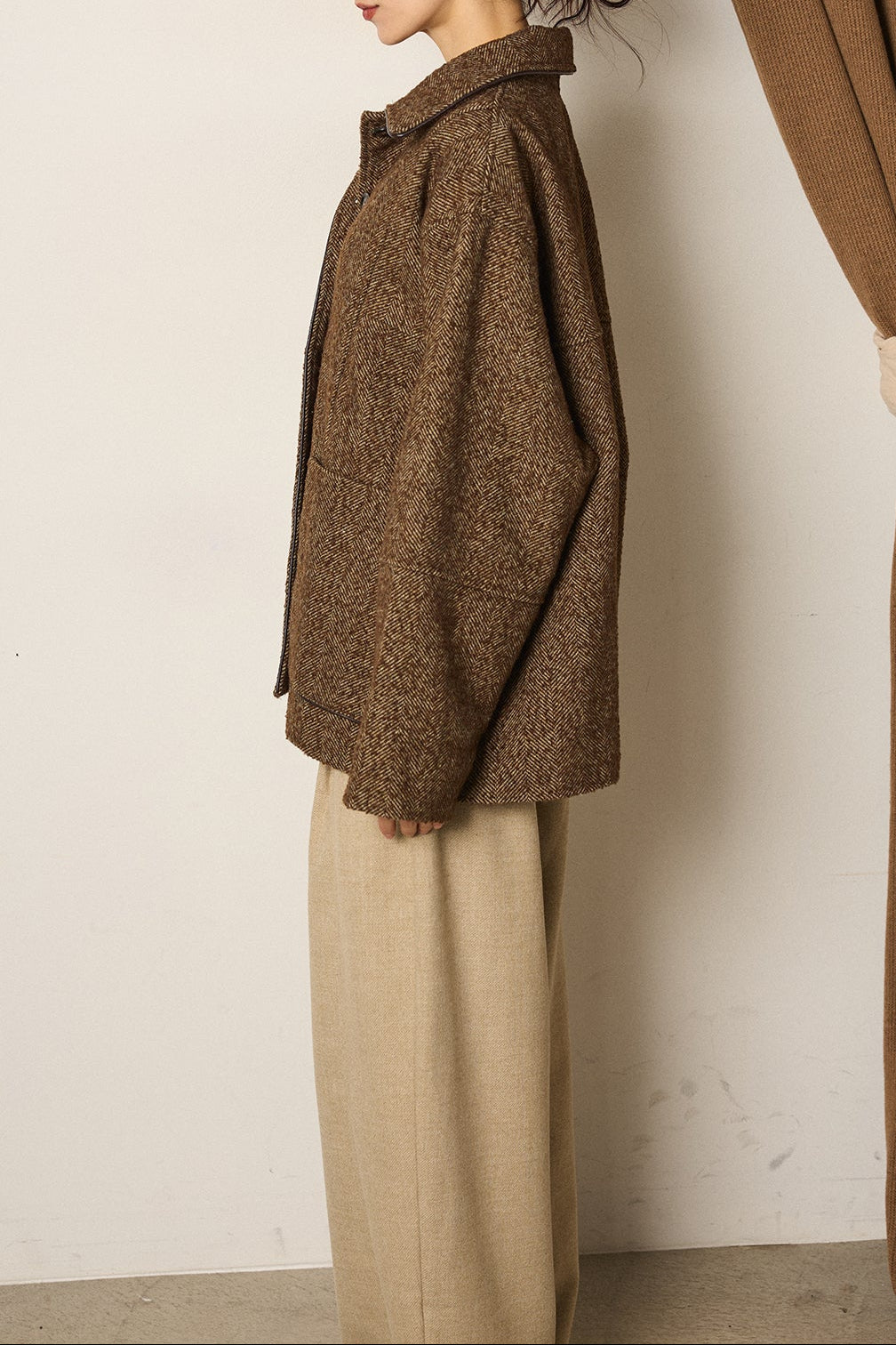 ネップヘリンボーン合皮パイピングカバーオール/ブラウン