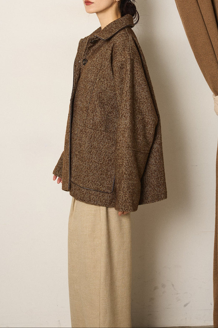 ネップヘリンボーン合皮パイピングカバーオール/ブラウン