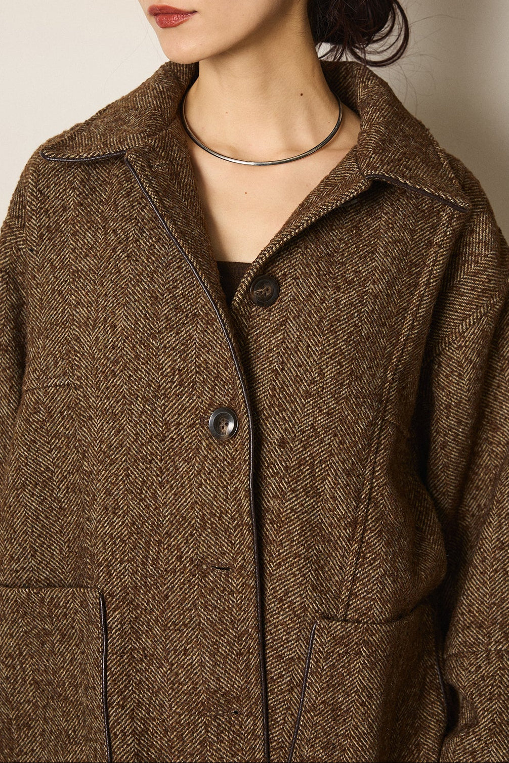 ネップヘリンボーン合皮パイピングカバーオール/ブラウン