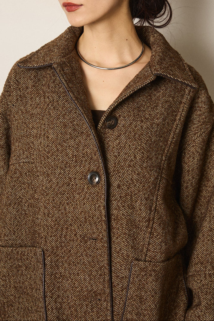 ネップヘリンボーン合皮パイピングカバーオール/ブラウン